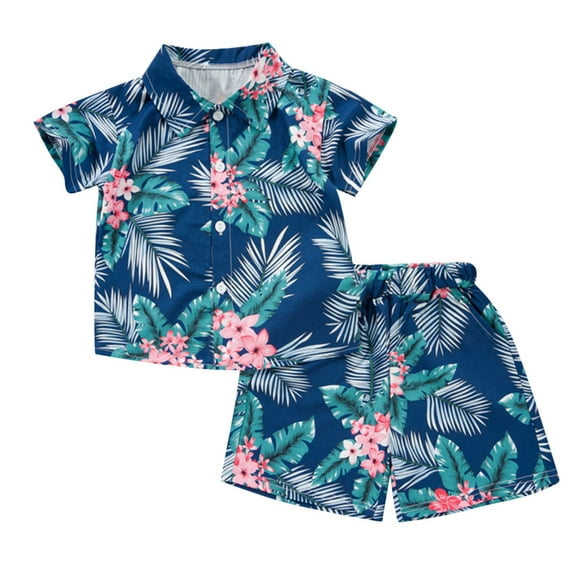 Odeerbi 1-8 Years Kids Boys Summer Hawaiian Outfits Cotton Beach Tropical Print Short Sleeve Shirt Shorts Set Graphic Casual Two-piece Set Kids Boys Clothes