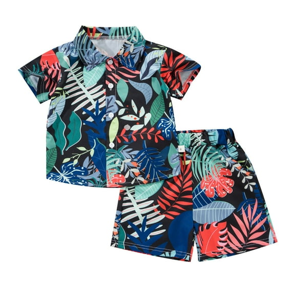 Odeerbi 1-8 Years Kids Boys Summer Hawaiian Outfits Cotton Beach Tropical Print Short Sleeve Shirt Shorts Set Graphic Casual Two-piece Set Kids Boys Clothes