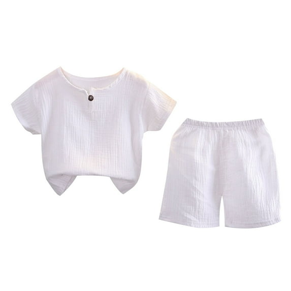 Odeerbi 1-8 Years Kids Boys Summer Outfits Cotton Linen Short Sleeve Tops Shorts Two-piece Set Solid Color Casual Loungewear Kids Boys Clothes