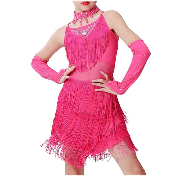 Odeerbi 1-8 Years Kids Girls Fringe Latin Dance Dress with Shorts Oversleeve Set Stage Performance Outfits Dance Jumpsuit Practice Outfit Tassel Skirt Kids Girls Clothes