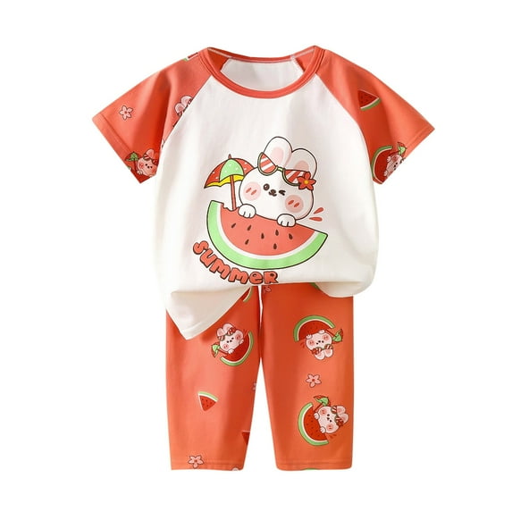 Odeerbi 1-8 Years Kids Girls Summer Outfits Cotton Loungewear Casual Short Sleeve Top Pants Pajamas Two-piece Set Casual Lounge Sets Kids Girls Clothes
