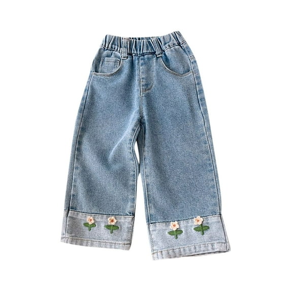 Odeerbi 1-8 Years Kids Girls Wide Leg Jeans Cute Flower Embroidered Denim Pants Loose Straight Leg Cowboy Pants
