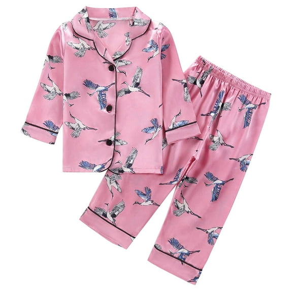 Odeerbi 1-8 Years Toddler Boys Girls Satin Pajamas Notched Lapel Long Sleeve Shirt Pants Set Soft Loungewear Cute Print Sleepwear Two-piece Pajama Sets Toddler Boys Girls Clothes