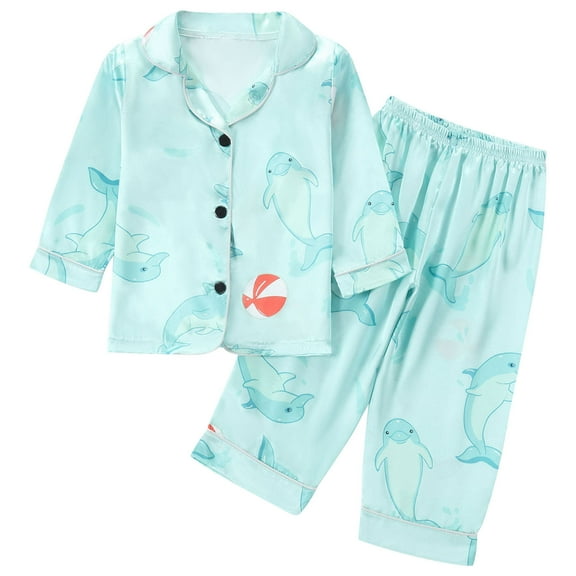 Odeerbi 1-8 Years Toddler Boys Girls Satin Pajamas Notched Lapel Long Sleeve Shirt Pants Set Soft Loungewear Cute Print Sleepwear Two-piece Pajama Sets Toddler Boys Girls Clothes