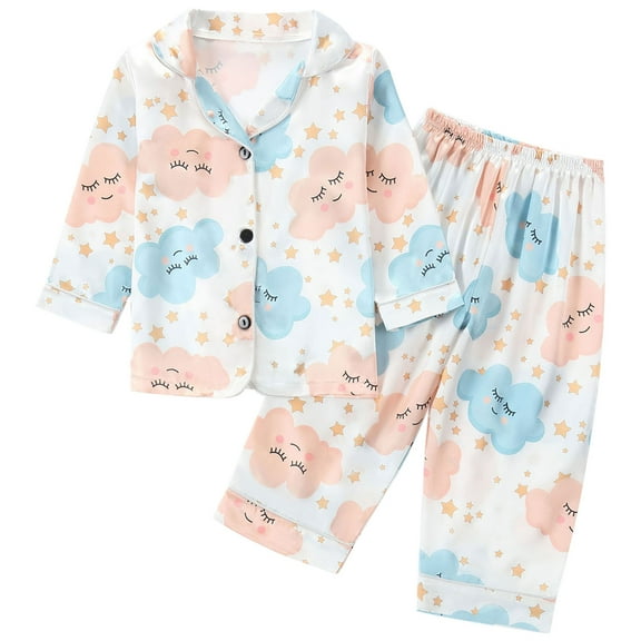 Odeerbi 1-8 Years Toddler Boys Girls Satin Pajamas Notched Lapel Long Sleeve Shirt Pants Set Soft Loungewear Cute Print Sleepwear Two-piece Pajama Sets Toddler Boys Girls Clothes