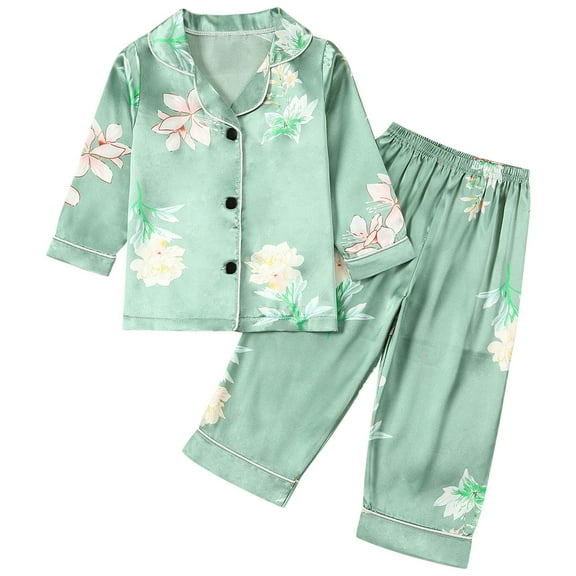 Odeerbi 1-8 Years Toddler Boys Girls Satin Pajamas Notched Lapel Long Sleeve Shirt Pants Set Soft Loungewear Floral Print Sleepwear Two-piece Pajama Sets Toddler Boys Girls Clothes