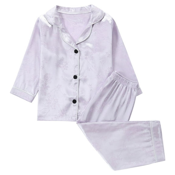 Odeerbi 1-8 Years Toddler Boys Girls Satin Pajamas Notched Lapel Long Sleeve Shirt Pants Set Soft Loungewear Solid Color Sleepwear Two-piece Pajama Sets Toddler Boys Girls Clothes