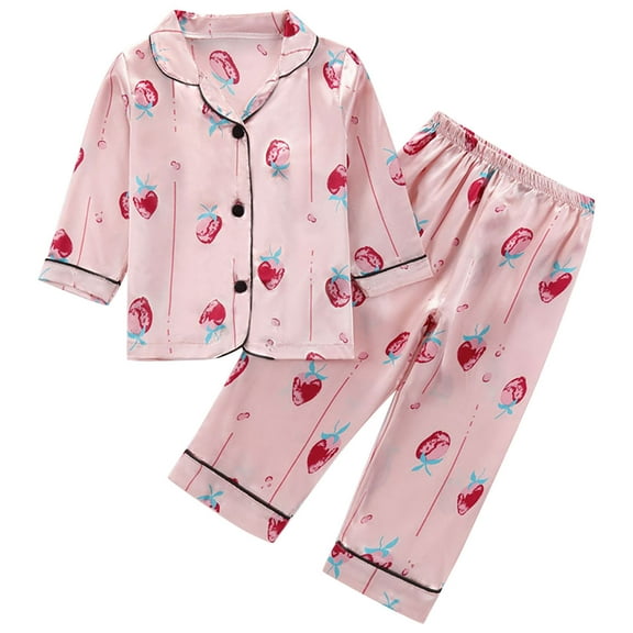 Odeerbi 1-8 Years Toddler Boys Girls Satin Pajamas Notched Lapel Long Sleeve Shirt Pants Set Soft Loungewear Strawberry Print Sleepwear Two-piece Pajama Sets Toddler Boys Girls Clothes