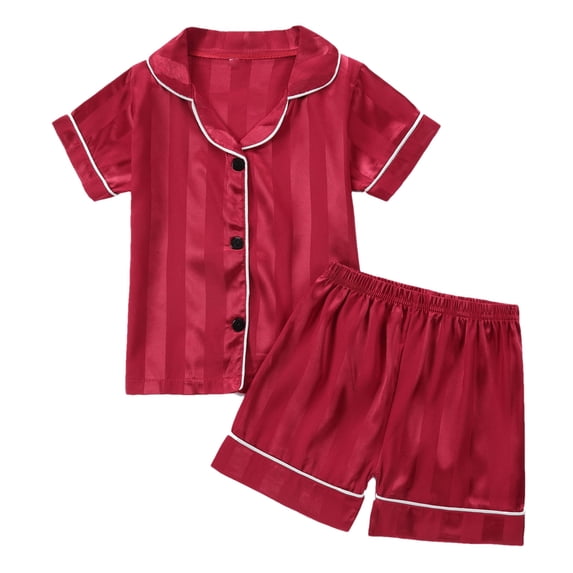 Odeerbi 1-8 Years Toddler Boys Girls Summer Satin Pajamas Notched Lapel Short Sleeve Shirts Shorts Set Soft Loungewear Solid Color Sleepwear Toddler Boys Girls Clothes