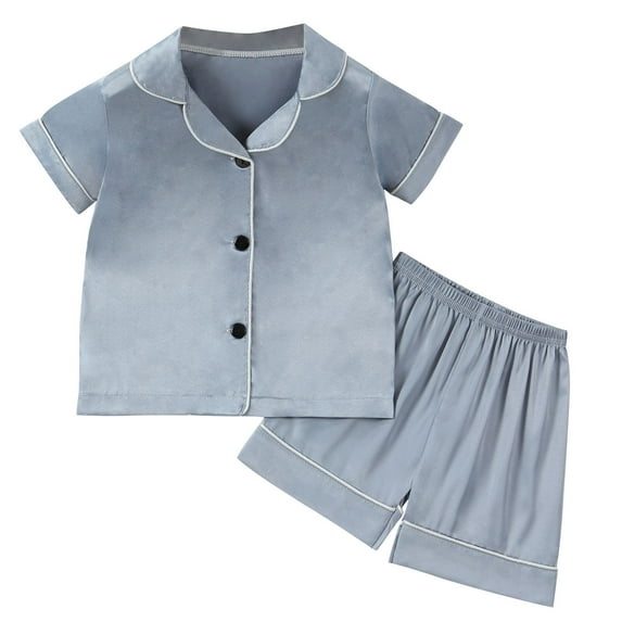 Odeerbi 1-8 Years Toddler Boys Girls Summer Satin Pajamas Notched Lapel Short Sleeve Shirts Shorts Set Soft Loungewear Solid Color Sleepwear Toddler Boys Girls Clothes