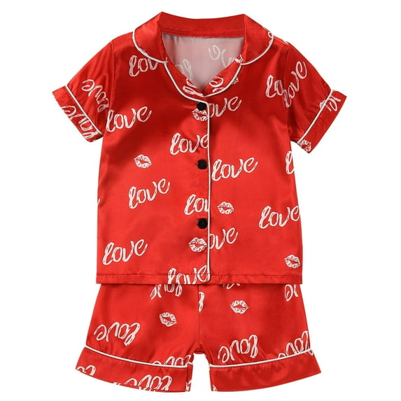 Odeerbi 1-8 Years Toddler Boys Girls Summer Valentines Day Satin Pajamas Notched Lapel Short Sleeve Loungewear Shorts Set Sleepwear Love Print Pajama Sets Toddler Boys Girls Clothes