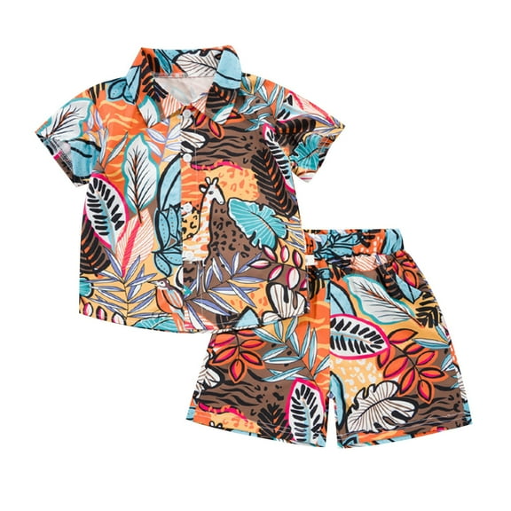 Odeerbi 1-8 Years Toddler Boys Summer Hawaiian Outfits Cotton Beach Tropical Print Short Sleeve Shirt Shorts Set Graphic Casual Two-piece Set Toddler Boys Clothes