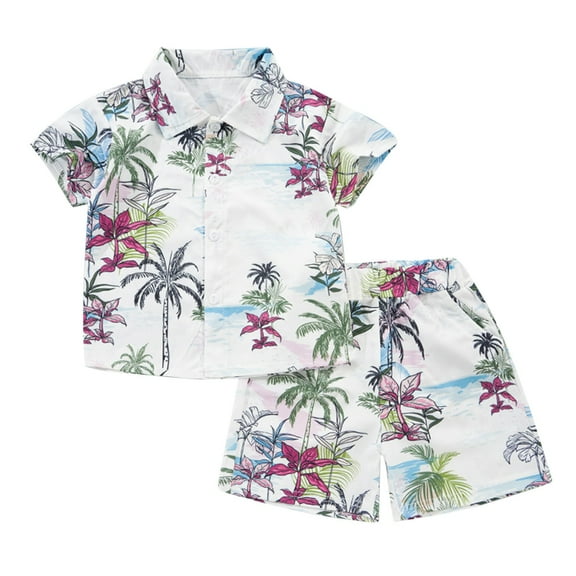 Odeerbi 1-8 Years Toddler Boys Summer Hawaiian Outfits Cotton Beach Tropical Print Short Sleeve Shirt Shorts Set Graphic Casual Two-piece Set Toddler Boys Clothes