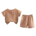 thumbnail image 1 of Odeerbi 1-8 Years Toddler Boys Summer Outfits Cotton Linen Short Sleeve Tops Shorts Two-piece Set Solid Color Casual Loungewear Toddler Boys Clothes, 1 of 4