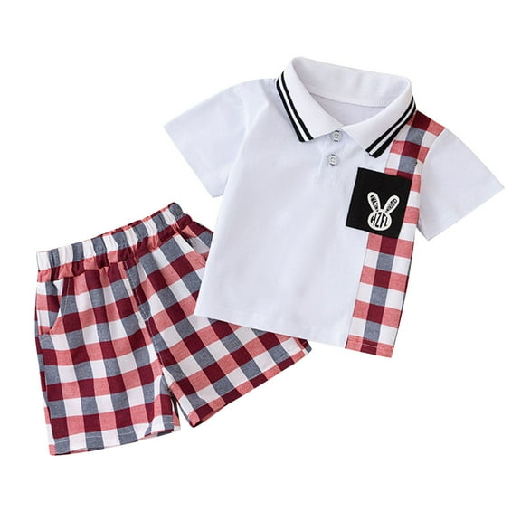 Odeerbi 1-8 Years Toddler Boys Summer Outfits Plaid Cotton Button Down Collar Short Sleeve T-Shirt Shorts Two-piece Set Solid Color Casual Loungewear Toddler Boys Clothes