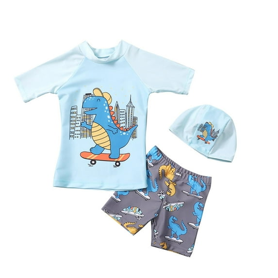 Odeerbi 1-8 Years Toddler Boys Three Pieces Athletic Training Swimsuit with Swim Cap Set Summer Beach Surfing Swimsuit Cute Dinosaur Beachwear Short Sleeve Top Swim Trunks Set