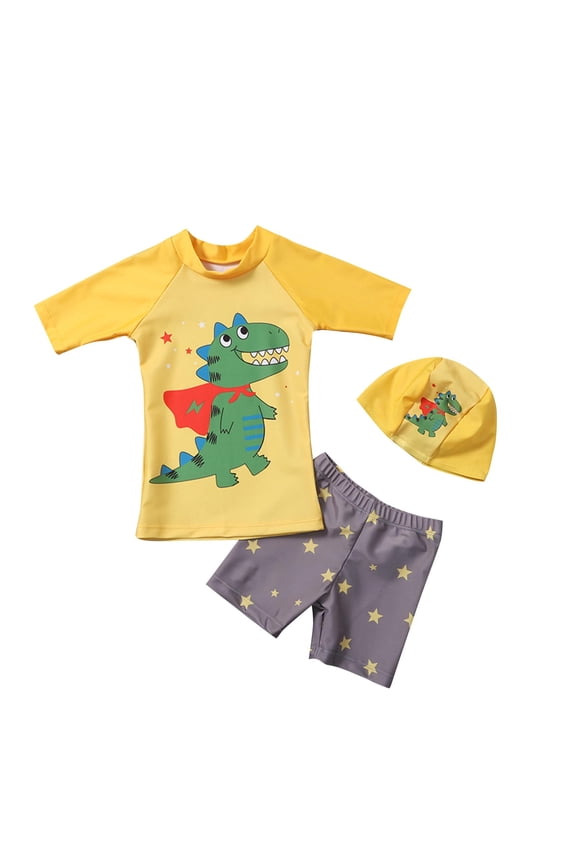 1-8 Years Toddler Boys Three Pieces Athletic Training Swimsuit with Swim Cap Set Summer Beach Surfing Swimsuit Cute Dinosaur Beachwear Short Sleeve Top Swim Trunks Set