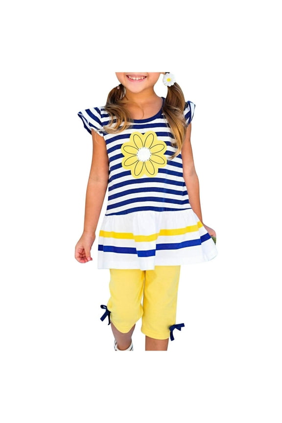 1-8Y Kids Girls 2 Pieces Summer Outfits Toddler Fashion Cute Sweet Flower Stripe Print Ruffle Cap Sleeve Pants Suit Baby Clothes Yellow