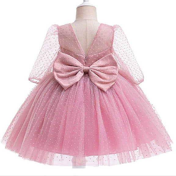 Odeerbi 1-9 Years Infant Girls Big Bow Tulle Princess Dresses Flower Girl Dress Cute Birthday Party Evening Dress Polka Splicing Long Sleeve Dress Infant Girls Clothes