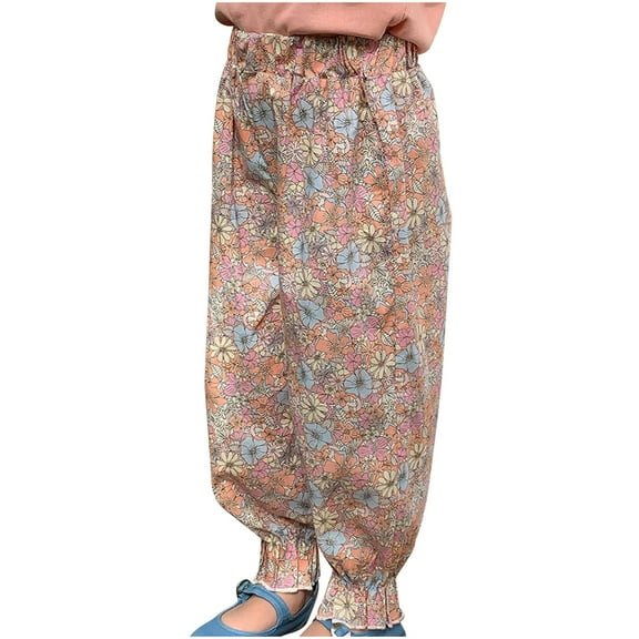 Odeerbi 1-9 Years Kids Girls Cotton Bloomers Summer Floral Ruffle Jogger Pants Flower Print Cute Leisure Lantern Pants Haren Pants