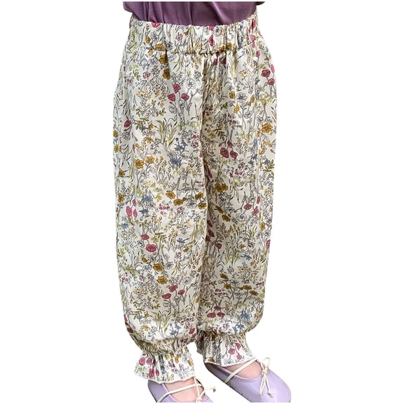 Odeerbi 1-9 Years Kids Girls Cotton Bloomers Summer Floral Ruffle Jogger Pants Flower Print Cute Leisure Lantern Pants Haren Pants