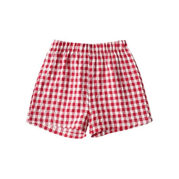 Odeerbi 1-9 Years Toddler Boys Girls Summer Cotton Linen Shorts Solid Color Cute Plaid Lattice Shorts