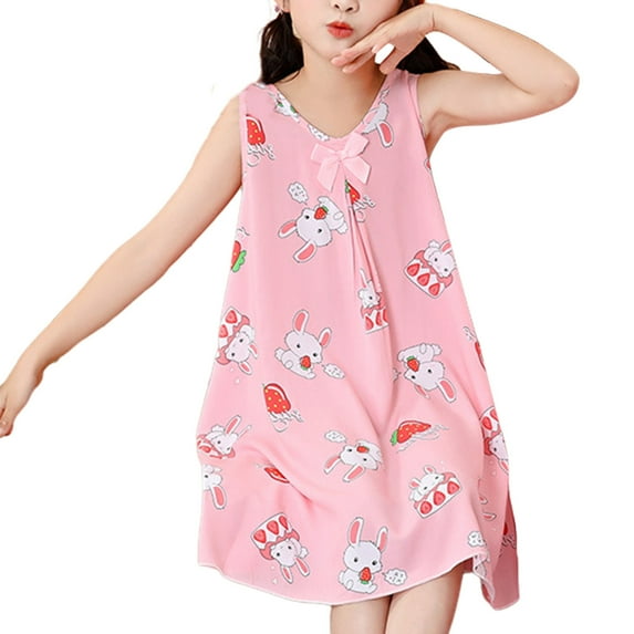 Odeerbi 1-9Y Kids Girls Cute Floral Nightdress Soft Princess Nightgown Young Children's Casual Floral Dress Wear Scoop Neck Short Sleeve Flowy Print Dress Baby Clothes Pink