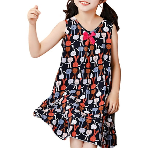 Odeerbi 1-9Y Kids Girls Cute Floral Nightdress Soft Princess Nightgown Young Children's Casual Floral Dress Wear Scoop Neck Short Sleeve Flowy V Print Dress Baby Clothes Blue