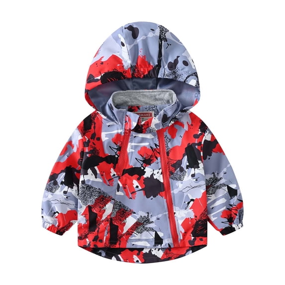 Odeerbi 1-9Y Toddler Boys Girls Winter Coat Windbreaker Children's Double Zipper Printed Hooded Jackets Windbreaker Coat Baby Clothes Red