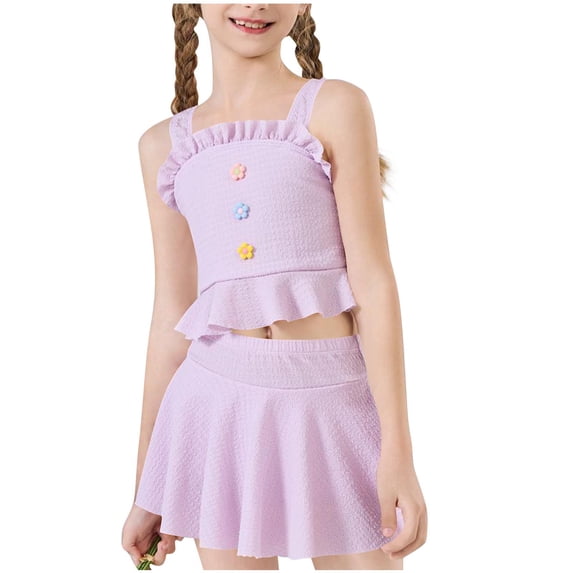Odeerbi 12-15 Years Teen Girls 2-Piece Swimsuit Set Summer Flower Decoration Ruffle Tankini with Swim Skirt