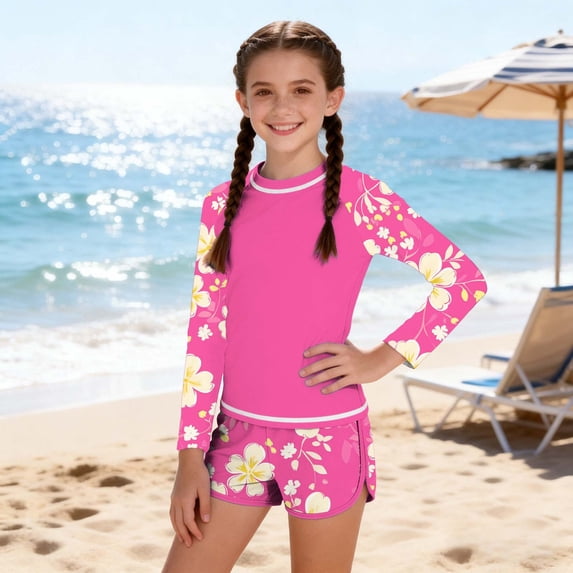 Odeerbi 12-16 Years Teen Girls Hawaiian 2-Piece Long Sleeve Rash Guard Set Color Block UPF 50+ Quick Dry Surfing Swimsuit with Boyshorts