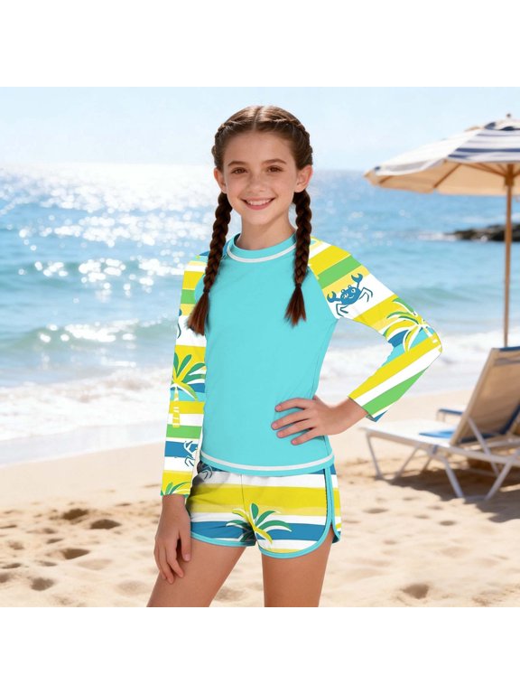 12-16 Years Teen Girls Hawaiian 2-Piece Long Sleeve Rash Guard Set Color Block UPF 50+ Quick Dry Surfing Swimsuit with Boyshorts