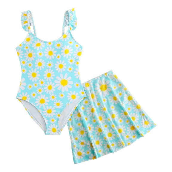 Odeerbi 13-16 Years Kids Girls One Piece Swimsuit with Swim Skirt Set Summer Daisy Print Beachwear Hawaiian Bathing Suit Beach Two Piece Swimwear Set