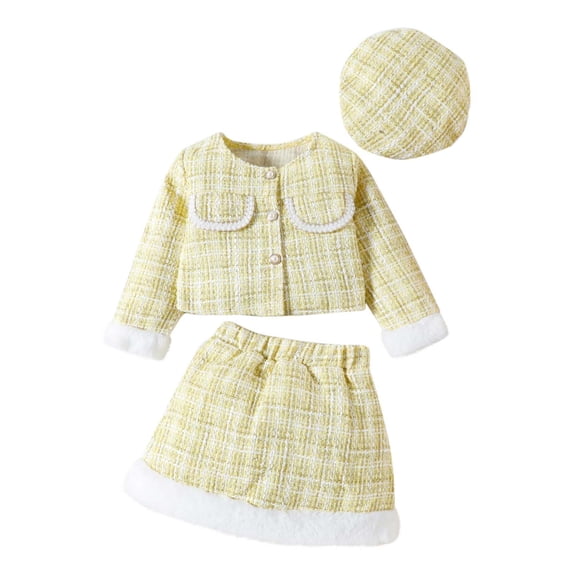 Odeerbi 18M-6Y Kids Girls Outfits Long Sleeve Jacket with A-Line Skirt and Beret Hat Three-piece Set Plaid Skirt Set Kids Girls Clothes