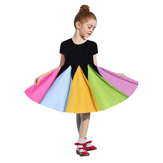 Odeerbi 18M-6Y Toddler Girls Cute Dresses Cotton Dress Kids Fashion Short Sleeve Sweet Stitching Ruffle Dress Baby Clothes Black