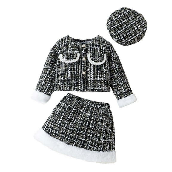Odeerbi 18M-6Y Toddler Girls Outfits Long Sleeve Jacket with A-Line Skirt and Beret Hat Three-piece Set Plaid Skirt Set Toddler Girls Clothes
