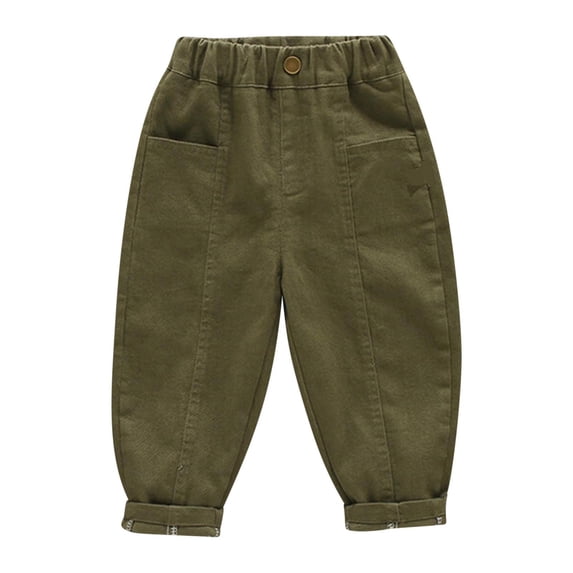 Odeerbi 2-10 Years Kids Boys Girls Cotton Straight Leg Pants Casual Solid Color Button Mid Waist Tapered Pants with Pocket
