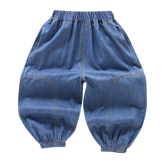 Odeerbi 2-10 Years Kids Boys Girls Jeans Jogger Denim Pants Solid Color Mid Waist Cowboy Jeans with Pocket