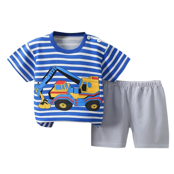 Odeerbi 2-10 Years Kids Boys Summer Outfits Excavator Truck Print Cotton Short Sleeve T-Shirt Shorts Two-piece Set Casual Loungewear Kids Boys Clothes