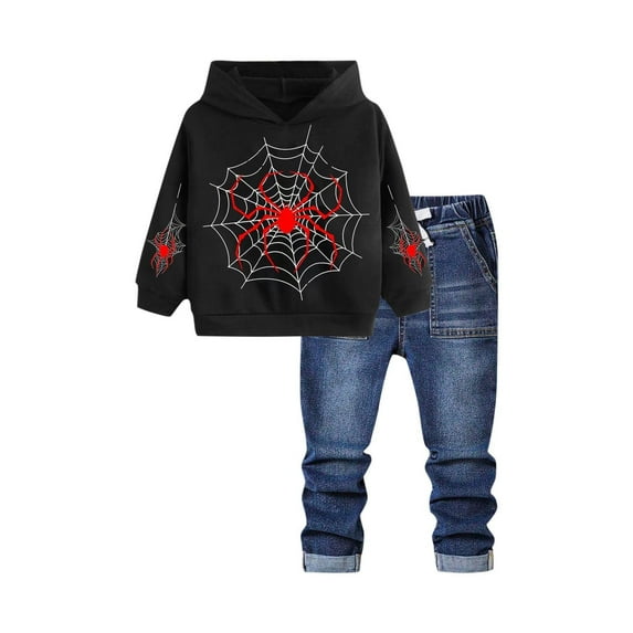 Odeerbi 2-11 Years Kids Boys Girls Outfits Cute Printed Hoodies Jeans Set Children's Round Neck Long Sleeve Hooded Sweatshirts Denim Pants Sweatsuits Kids Boys Girls Clothes