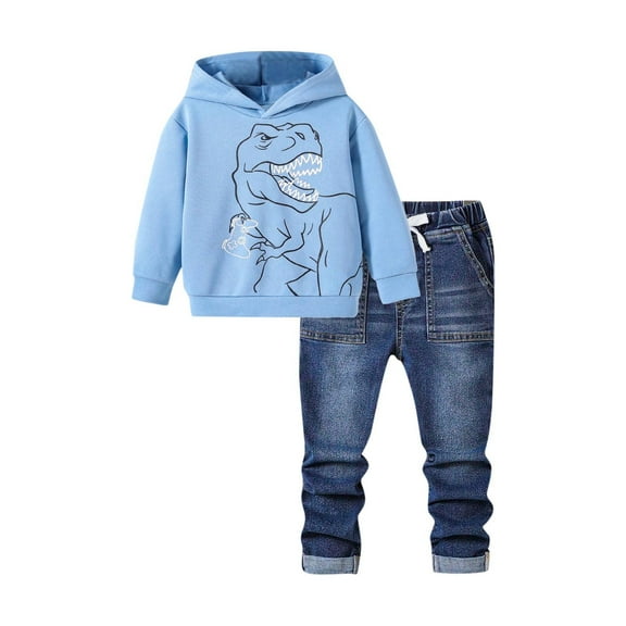 Odeerbi 2-11 Years Kids Boys Girls Outfits Dinosaur Printed Hoodies Jeans Set Children's Round Neck Long Sleeve Hooded Sweatshirts Denim Pants Sweatsuits Kids Boys Girls Clothes