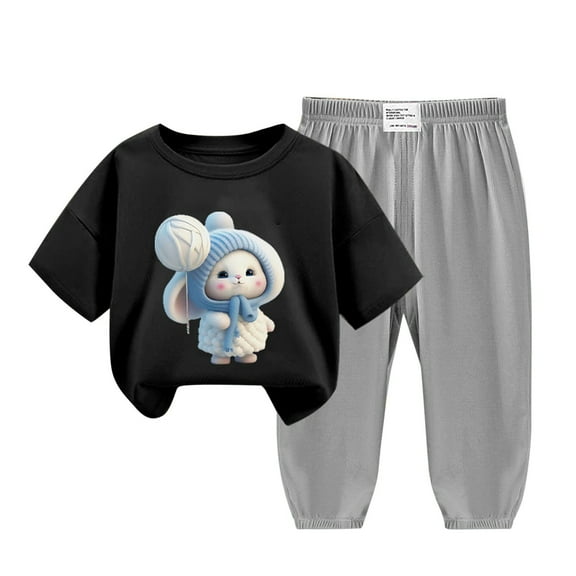 Odeerbi 2-12 Years Kids Boys Girls Summer Outfits Ice Silk Cotton Short Sleeve T-shirt Sweatpants Two-piece Set Cute Printed Lightweight Loungewear Kids Boys Girls Clothes