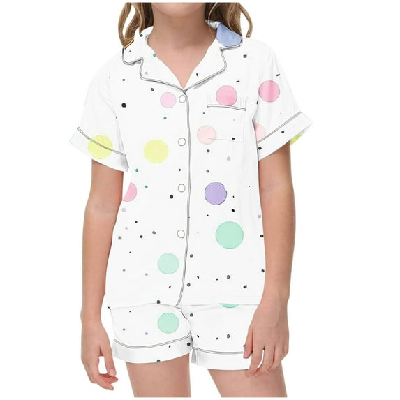 Odeerbi 2-12 Years Kids Boys Girls Summer Satin Pajamas Notched Lapel Short Sleeve Shirts Shorts Set Soft Loungewear Cute Print Sleepwear Kids Boys Girls Clothes