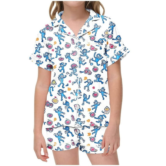 Odeerbi 2-12 Years Kids Boys Girls Summer Satin Pajamas Notched Lapel Short Sleeve Shirts Shorts Set Soft Loungewear Cute Print Sleepwear Silk Pajama Set Kids Boys Girls Clothes