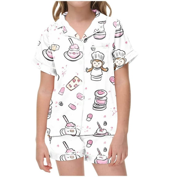 Odeerbi 2-12 Years Kids Boys Girls Summer Satin Pajamas Notched Lapel Short Sleeve Shirts Shorts Set Soft Loungewear Cute Print Sleepwear Silk Pajama Set Kids Boys Girls Clothes