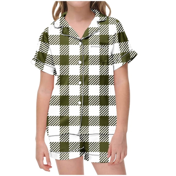 Odeerbi 2-12 Years Kids Boys Girls Summer Satin Pajamas Notched Lapel Short Sleeve Shirts Shorts Set Soft Loungewear Retro Plaid Print Sleepwear Kids Boys Girls Clothes