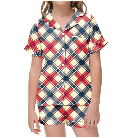 Odeerbi 2-12 Years Kids Boys Girls Summer Satin Pajamas Notched Lapel Short Sleeve Shirts Shorts Set Soft Loungewear Retro Plaid Print Sleepwear Kids Boys Girls Clothes