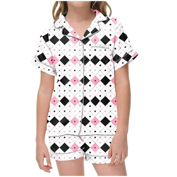 Odeerbi 2-12 Years Kids Boys Girls Summer Satin Pajamas Notched Lapel Short Sleeve Shirts Shorts Set Soft Loungewear Retro Plaid Print Sleepwear Kids Boys Girls Clothes