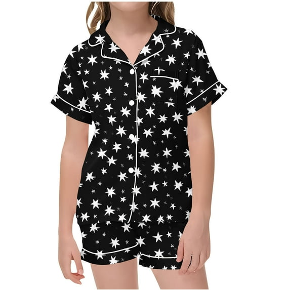 Odeerbi 2-12 Years Kids Boys Girls Summer Satin Pajamas Notched Lapel Short Sleeve Shirts Shorts Set Soft Loungewear Star Print Sleepwear Kids Boys Girls Clothes