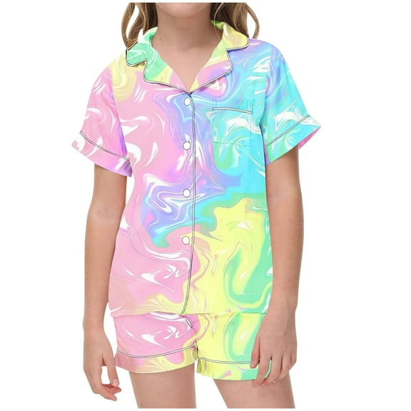 Odeerbi 2-12 Years Kids Boys Girls Summer Satin Pajamas Notched Lapel Short Sleeve Shirts Shorts Set Soft Loungewear Tie-Dye Sleepwear Two-piece Pajama Sets Kids Boys Girls Clothes